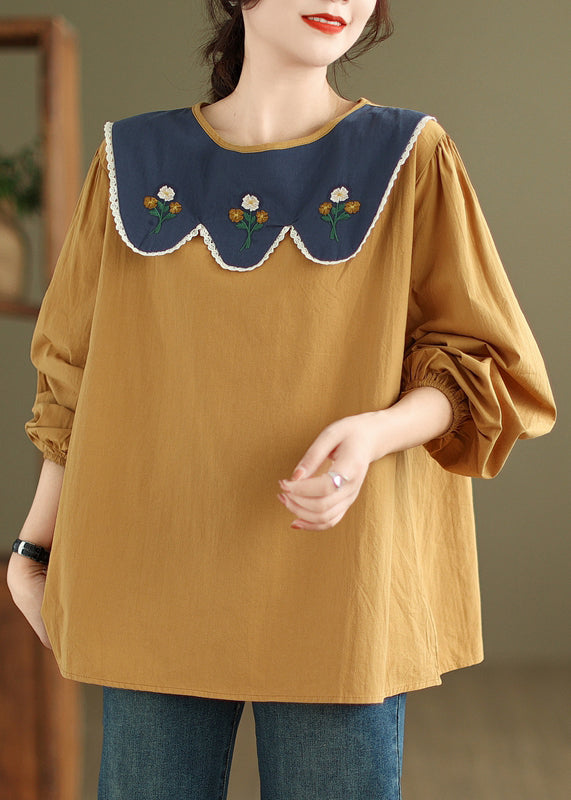 Yellow Solid Lace Cotton T Shirt O Neck Long Sleeve