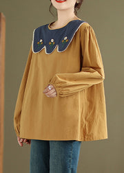 Yellow Solid Lace Cotton T Shirt O Neck Long Sleeve