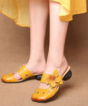 Yellow Splicing Floral Cowhide Leather Chunky Slide Sandals