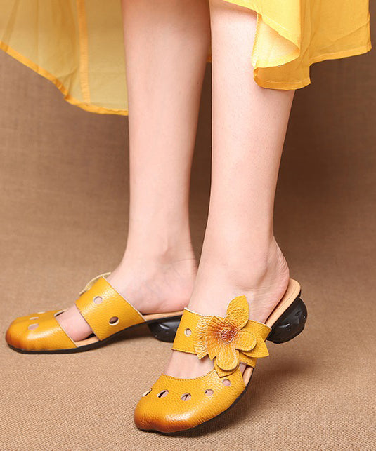 Yellow Splicing Floral Cowhide Leather Chunky Slide Sandals