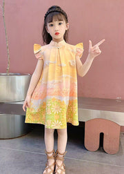 Yellow Stand Collar Ruffled Wrinkled Mid Dress Summer
