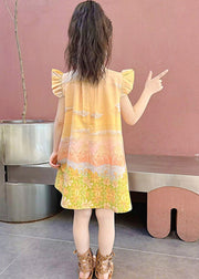 Yellow Stand Collar Ruffled Wrinkled Mid Dress Summer