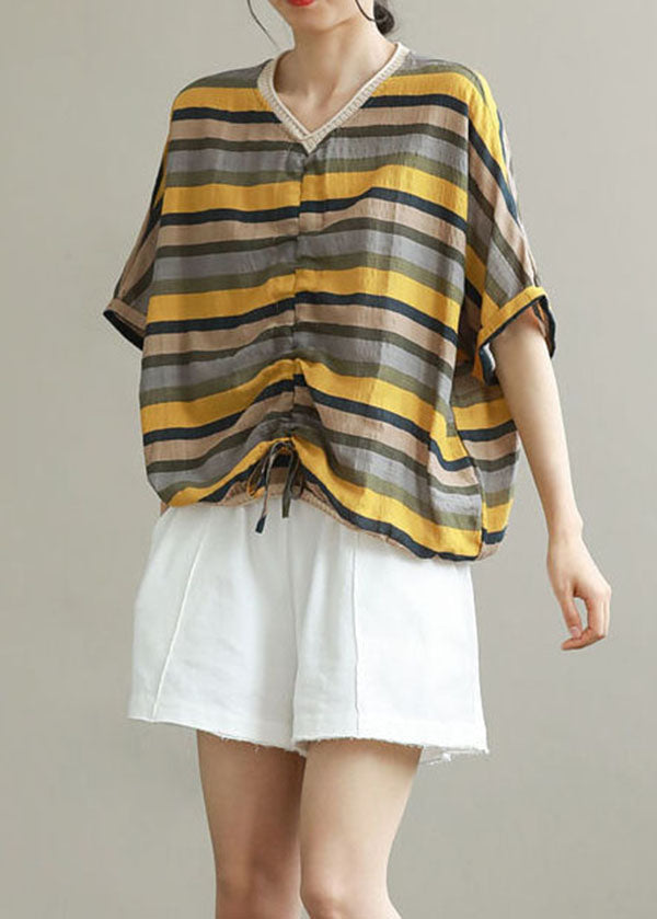 Yellow Striped Patchwork Cotton T Shirt Top V Neck Summer