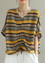 Yellow Striped Patchwork Cotton T Shirt Top V Neck Summer