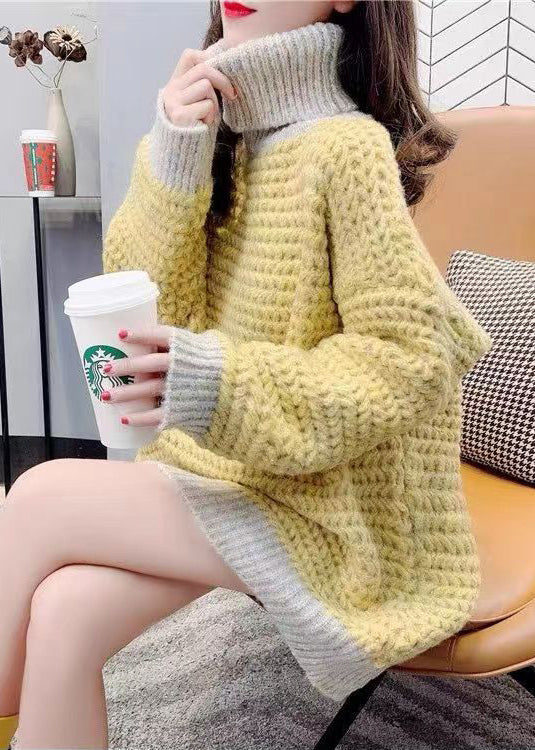Yellow Thick Patchwork Cozy Knit Sweaters Hign Neck Spring