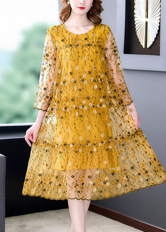 Yellow Tulle Party Dress Embroidered Hollow Out Bracelet Sleeve