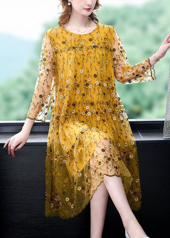 Yellow Tulle Party Dress Embroidered Hollow Out Bracelet Sleeve