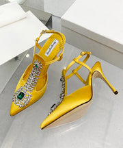 Yellow Zircon Boutique Splicing Stiletto Sandals Pointed Toe Hollow Out