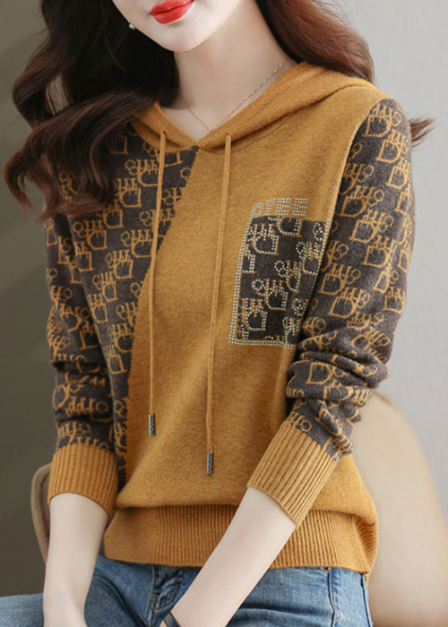 Yellow Zircon Patchwork Cotton Knit Sweaters Hooded Long Sleeve