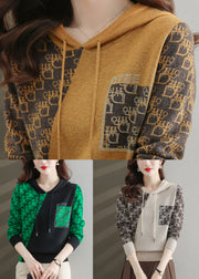 Yellow Zircon Patchwork Cotton Knit Sweaters Hooded Long Sleeve