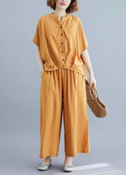 Yellow cotton linen two-piece irregular-breasted V-neck pullover shirt nine points wide leg skirt pants - SooLinen