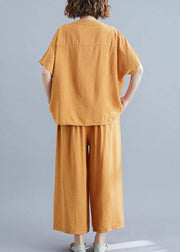Yellow cotton linen two-piece irregular-breasted V-neck pullover shirt nine points wide leg skirt pants - SooLinen
