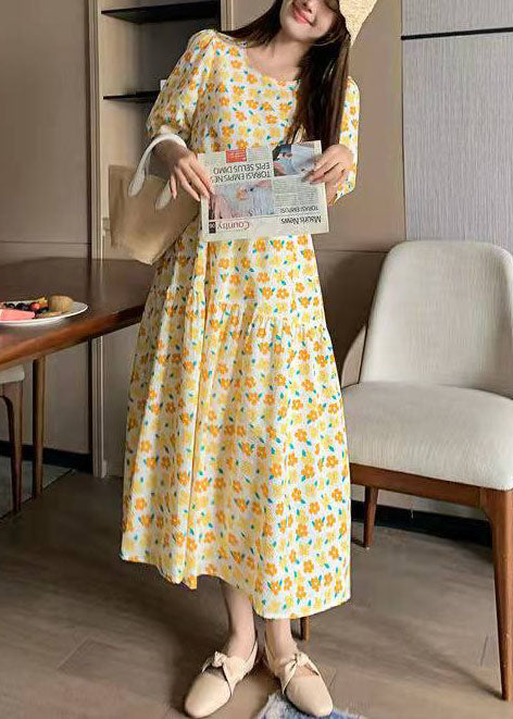 Gelbe Baumwoll-Leinen-Kleidung druckt Kaftan-Sommerkleider mit V-Ausschnitt