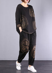 Autumn Black Appliques Suit Loose Casual Cotton Sport Two Pieces - SooLinen