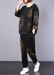 Autumn Black Appliques Suit Loose Casual Cotton Sport Two Pieces - SooLinen