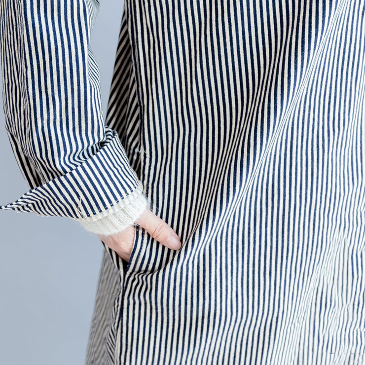 autumn black beige striped prints cotton shirt dress plus size hooded cardigans mid dress