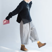 Herbst schwarzer Baumwoll-Strickpullover mit Zopfmuster plus Größe seitlich offener Modepullover