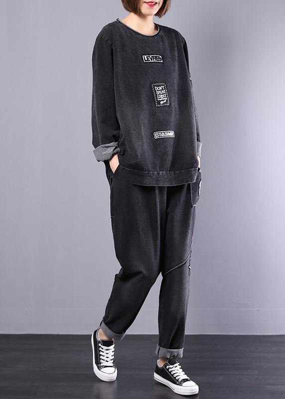 autumn black women alphabet vintage cotton casual sport suit - SooLinen