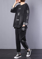 autumn black women alphabet vintage cotton casual sport suit - SooLinen
