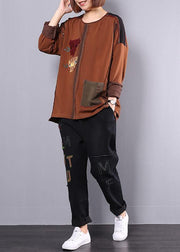 autumn casual vintage khaki patchwork tops and black casual pants two pieces - SooLinen