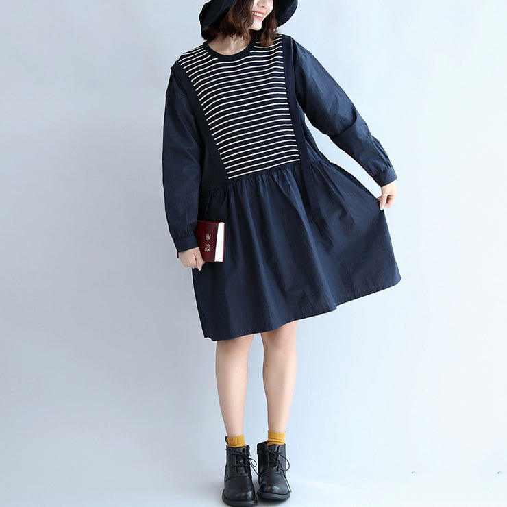 autumn cotton patchwork knit striped dresses oversize elastic waist long sleeve mid dress