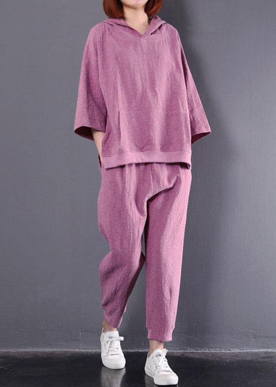 autumn dark pink hooded vintage tops and women casual trousers two pieces - SooLinen
