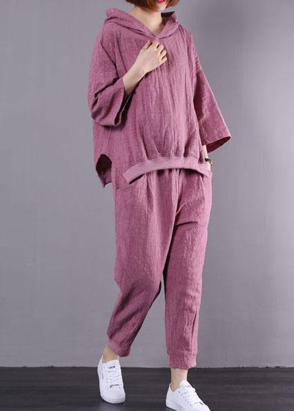 autumn dark pink hooded vintage tops and women casual trousers two pieces - SooLinen