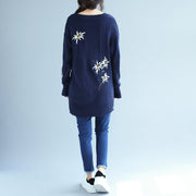 autumn fashion blue embroidery sweater dress oversize mid long knit pullover dresses