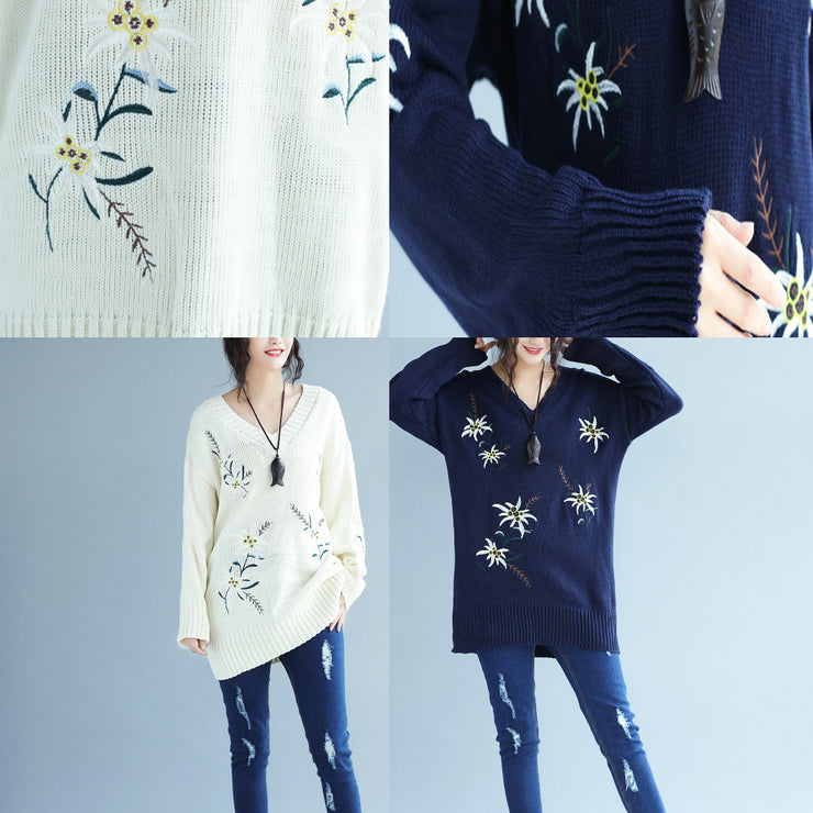 autumn fashion blue embroidery sweater dress oversize mid long knit pullover dresses