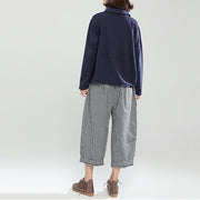 autumn fashion navy cotton blouse plus size long sleeve pullover