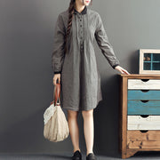 autumn gray grid cotton dresses plus size casual long sleeve lapel thick dress