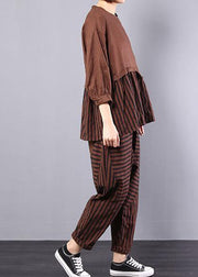 autumn khaki patchwork striped tops with elastic waist pants two pieces - SooLinen