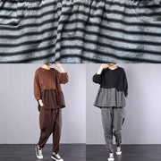 autumn khaki patchwork striped tops with elastic waist pants two pieces - SooLinen