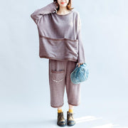 autumn light purple casual cotton knit tops and casual knit crop pants plus size pockets sport suit