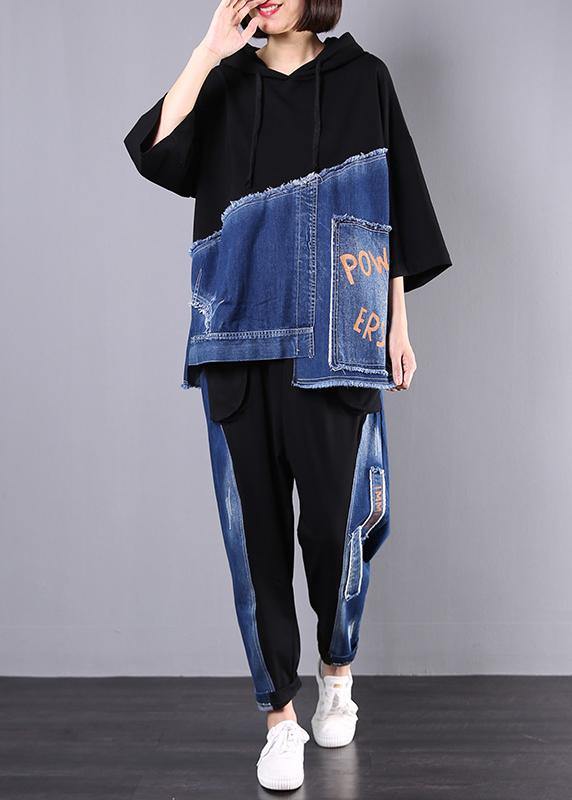 autumn new black patchwork blue hooded tops and casual big pockets trousers - SooLinen