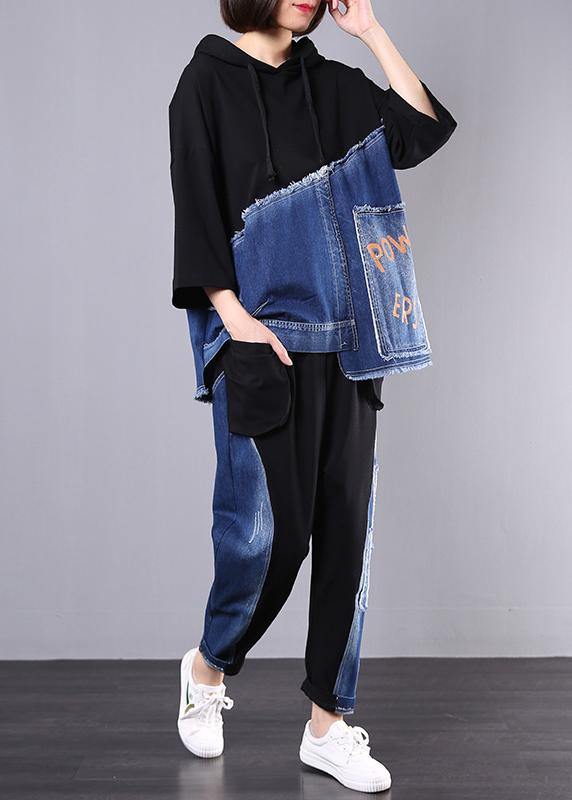 autumn new black patchwork blue hooded tops and casual big pockets trousers - SooLinen