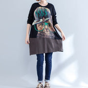 autumn new black patchwork cotton prints dresses plus size o neck mid dress