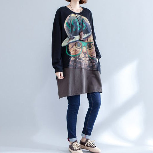 Herbst neue schwarze Patchwork-Baumwolldruckkleider plus mittelgroßes Kleid mit O-Ausschnitt