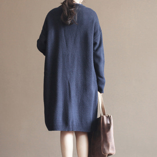 autumn new dark blue vintage cotton sweater cardigans plus size long sleeve knit coat