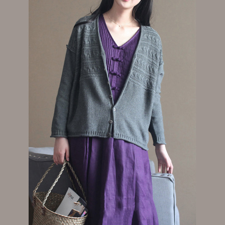 autumn new dark gray v neck cotton blended knit cardigans casual chunky cable sweater coat