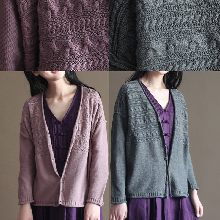 autumn new dark gray v neck cotton blended knit cardigans casual chunky cable sweater coat