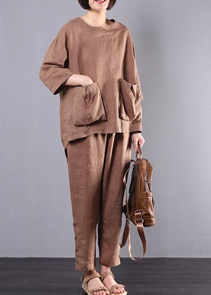 autumn new dark khaki big pockets tops and women casual trousers - SooLinen
