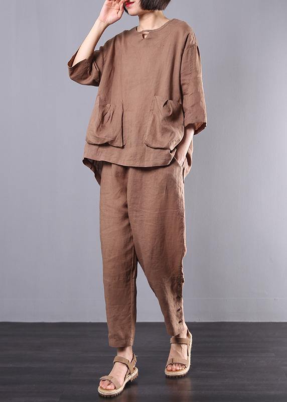 autumn new dark khaki big pockets tops and women casual trousers - SooLinen
