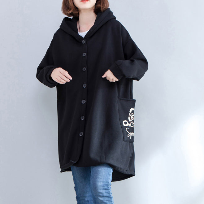 autumn new prints black casual coats oversize hooded back side open ...