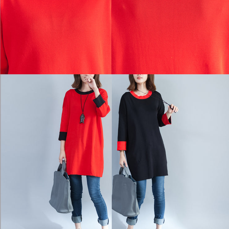 autumn new red casual cotton knit tops plus size o neck pullover