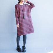 autumn new red striped woolen blended sweater dresses loose casual o neck knit sweater dress