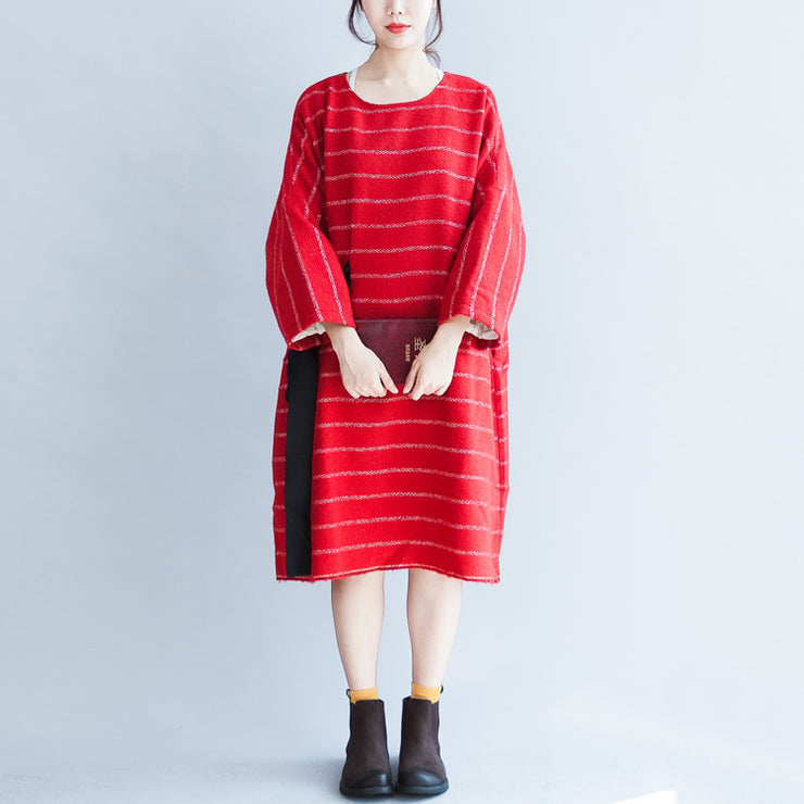 autumn plus size red striped cotton dresses tie waist long sleeve woolen casual dress