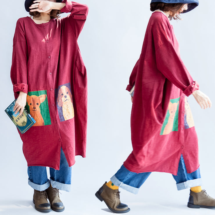 autumn red casual cotton coats oversize o neck long sleeve cardigans