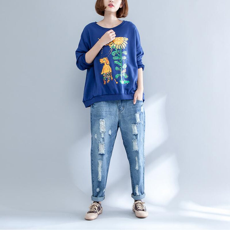 autumn thick warm cotton tops oversize o neck prints pullover