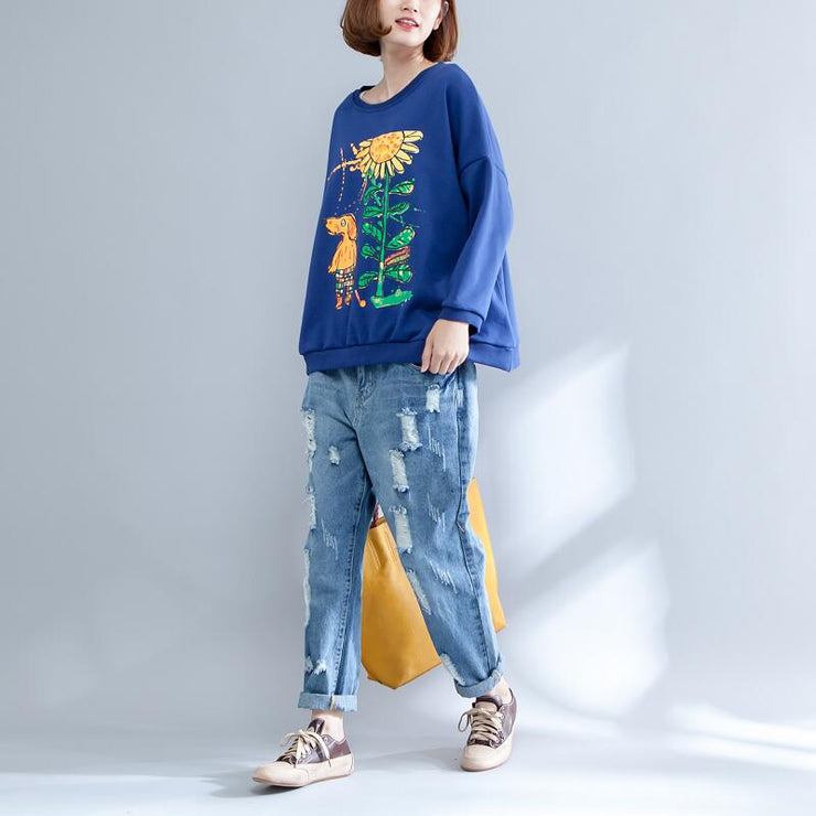 autumn thick warm cotton tops oversize o neck prints pullover